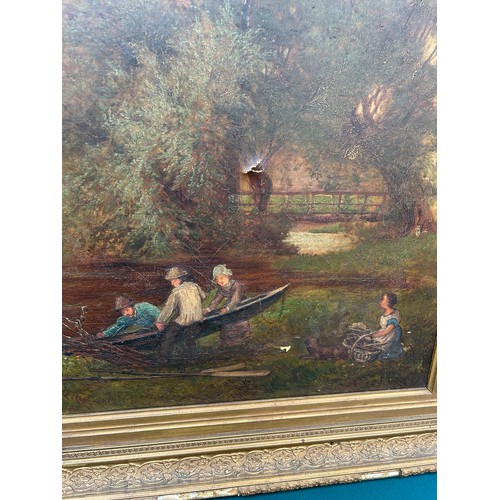 144 - A large 19th Century Oil Painting on canvas of a mill scene with figures on the river bank, original... 