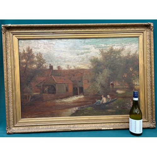 144 - A large 19th Century Oil Painting on canvas of a mill scene with figures on the river bank, original... 