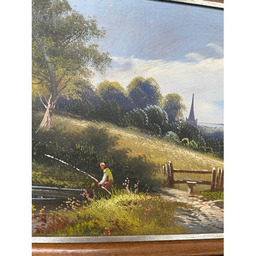 137 - Early 20th Century Oil painting on board of a fisherman on a riverbank with church spire in the dist... 