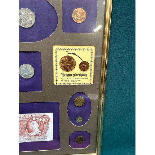 119N - Framed display of pre decimal coinage including Ten Shilling note and coins from farthing to half cr... 