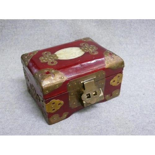 1 - A JEWELLERY BOX WITH JADE DECORATION AND BRASS CORNER  EMBELLISHMENTS PLUS LOCK AND KEY