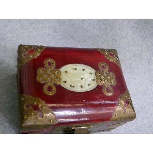 1 - A JEWELLERY BOX WITH JADE DECORATION AND BRASS CORNER  EMBELLISHMENTS PLUS LOCK AND KEY