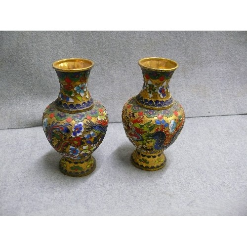 8 - A PAIR OF CLOISONNE VASES IN BRIGHT COLOURS