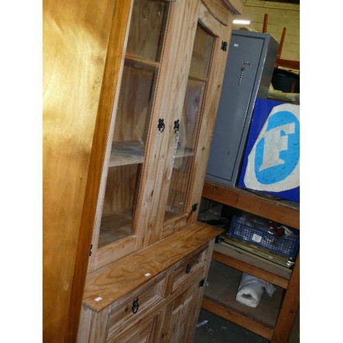 446 - TRADITIONAL PINE KICTHEN DRESSER WITH GLASS DOORS TO TOP SECTION