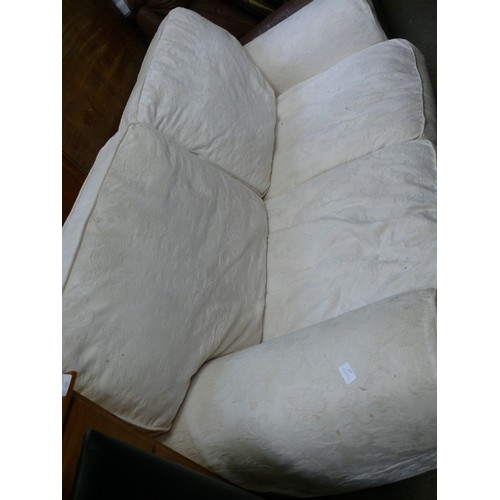 447 - DOUBLE BED SETTEE WITH OFF WHITE LINEN LOOSE COVER