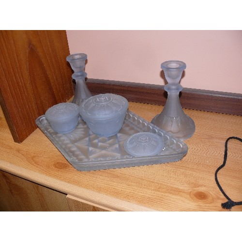 454 - 1940'S FROSTED BLUE GLASS DRESSING TABLE SET