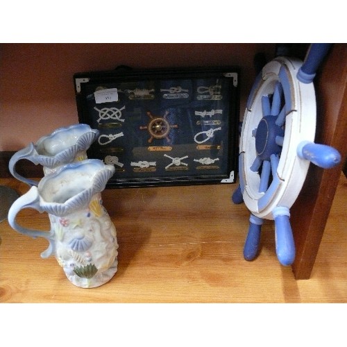 455 - NAUTICAL & SEASIDE THEME INCLUDING DISPLAY OF KNOTS, SHIPS WHEEL AND SEASHELL JUGS