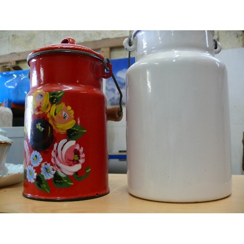 458 - CANALWARE CANISTERS, ONE WHITE ONE RED WITH HANDPAINTED FLOWERS