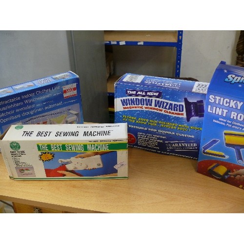 460 - BOXED ITEMS INC STICKY LINT ROLLERS, WINDOW WIZARD, CLOTHES LINE, MINI HAND HELD SEWING MACHINE