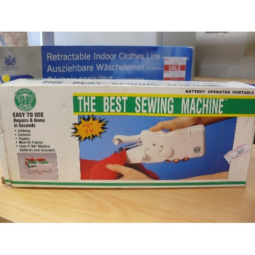 460 - BOXED ITEMS INC STICKY LINT ROLLERS, WINDOW WIZARD, CLOTHES LINE, MINI HAND HELD SEWING MACHINE