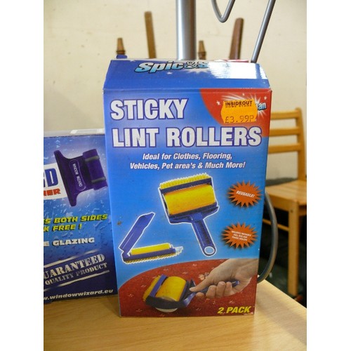 460 - BOXED ITEMS INC STICKY LINT ROLLERS, WINDOW WIZARD, CLOTHES LINE, MINI HAND HELD SEWING MACHINE