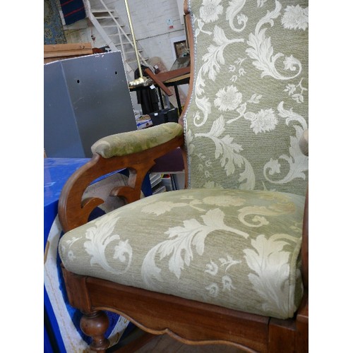 464 - VERY COMFORTABLE VICTORIAN STYLE ROCKING CHAIR UPHOLSTERED IN PALE GREEN FLORAL FABRIC