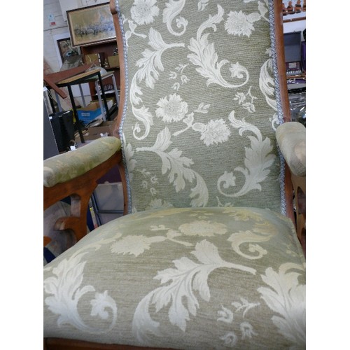 464 - VERY COMFORTABLE VICTORIAN STYLE ROCKING CHAIR UPHOLSTERED IN PALE GREEN FLORAL FABRIC