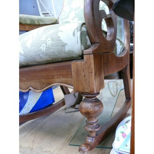 464 - VERY COMFORTABLE VICTORIAN STYLE ROCKING CHAIR UPHOLSTERED IN PALE GREEN FLORAL FABRIC