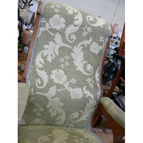 464 - VERY COMFORTABLE VICTORIAN STYLE ROCKING CHAIR UPHOLSTERED IN PALE GREEN FLORAL FABRIC