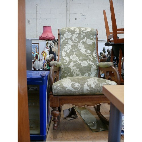 464 - VERY COMFORTABLE VICTORIAN STYLE ROCKING CHAIR UPHOLSTERED IN PALE GREEN FLORAL FABRIC