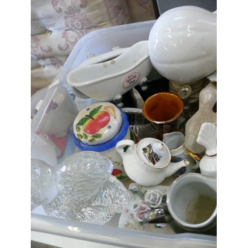 469 - CRATE OF  MIXED CHINA AND GLASS ORNAMENTS INCLUDING A SQUIRREL GLITTER ORNAMENT, LADYBIRD BOOT VASE ... 