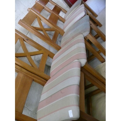 473 - 5 X MATCHED DINING CHAIRS 3 PLUS 2 WITH PINK STRIPED  SEATS- NEED CLEAN OR RE-COVER