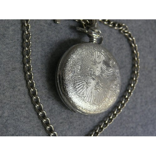 15 - A POCKET (FOB) WATCH WITH AN ALBERT CHAIN  AND PICTURE OF STONEHENGE