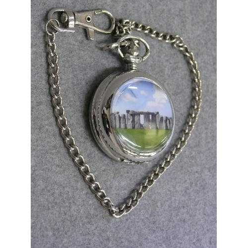 15 - A POCKET (FOB) WATCH WITH AN ALBERT CHAIN  AND PICTURE OF STONEHENGE