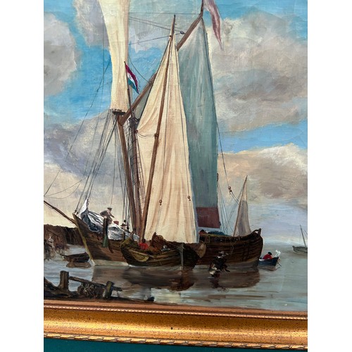 144B - 20th Century British School. Oil painting on canvas of ships at anchor - gilt frame, unsigned - Imag... 