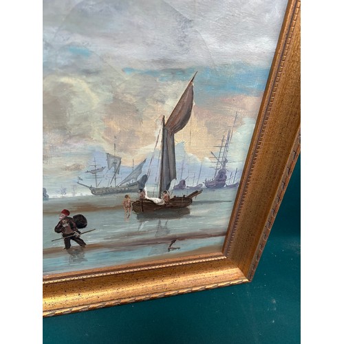 144B - 20th Century British School. Oil painting on canvas of ships at anchor - gilt frame, unsigned - Imag... 
