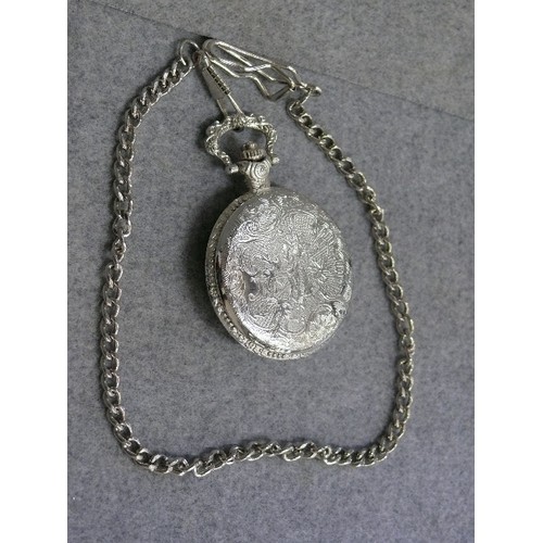 16 - A POCKET ( FOB ) WATCH WITH AN ALBERT WATCH CHAIN AND PICTURE OF A SPITFIRE ON FRONT
