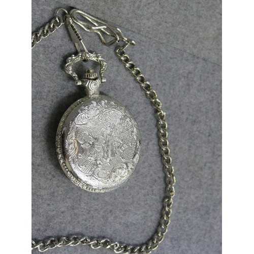 16 - A POCKET ( FOB ) WATCH WITH AN ALBERT WATCH CHAIN AND PICTURE OF A SPITFIRE ON FRONT
