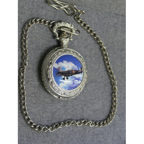 16 - A POCKET ( FOB ) WATCH WITH AN ALBERT WATCH CHAIN AND PICTURE OF A SPITFIRE ON FRONT