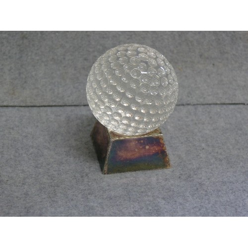 20 - AN INDENTED GLASS BALL (GOLF?) ON A HEAVY STAND