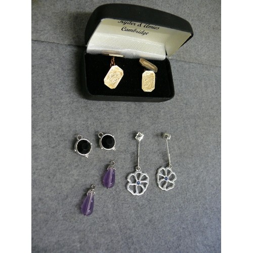 25 - COLLECTION OF SILVER EARRINGS PLUS FINE SET OF VINTAGE SILVER CUFFLINKS