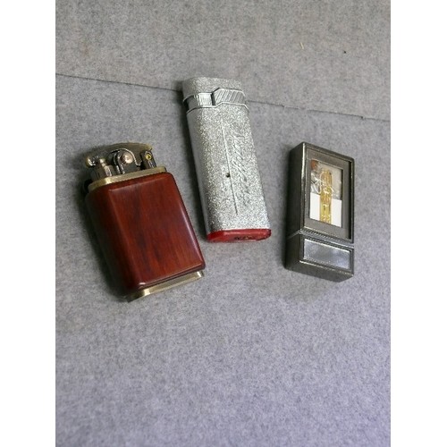 33 - Rosewood Wooden Case Antique Style Type Soft Flame Rocker Arm Petrol Oil Lighter plus two others hum... 