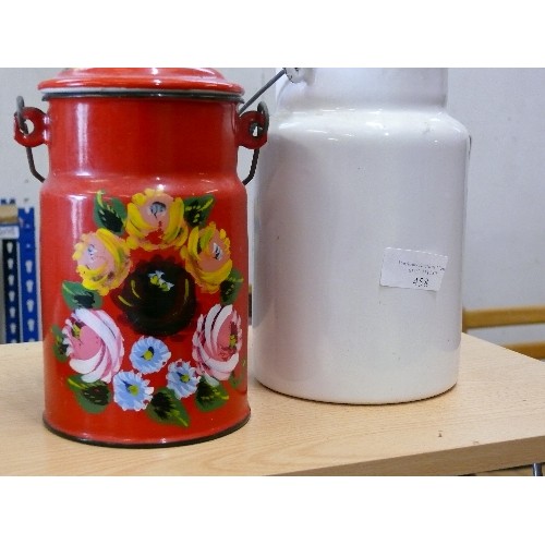 458 - CANALWARE CANISTERS, ONE WHITE ONE RED WITH HANDPAINTED FLOWERS