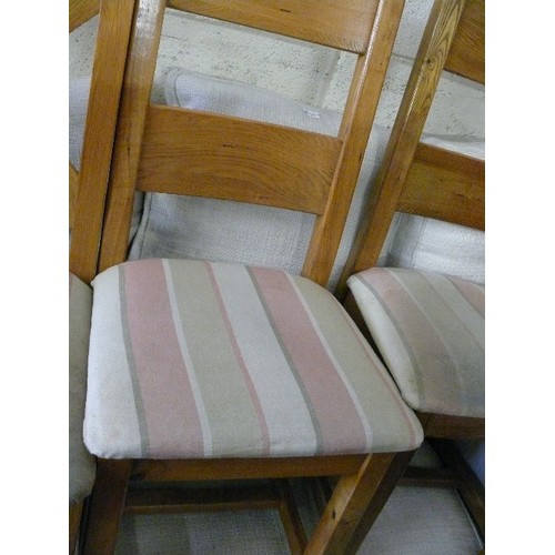 473 - 5 X MATCHED DINING CHAIRS 3 PLUS 2 WITH PINK STRIPED  SEATS- NEED CLEAN OR RE-COVER