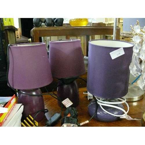 519 - 3 X SMALL TABLE LAMPS IN PURPLE / LILAC