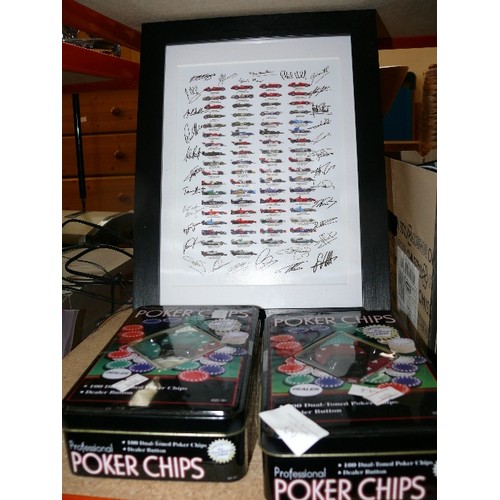 529 - 2 X NEW TINS OF POKER CHIPS AND A FORMULA 1 RACING CAR FRAMED PRINT