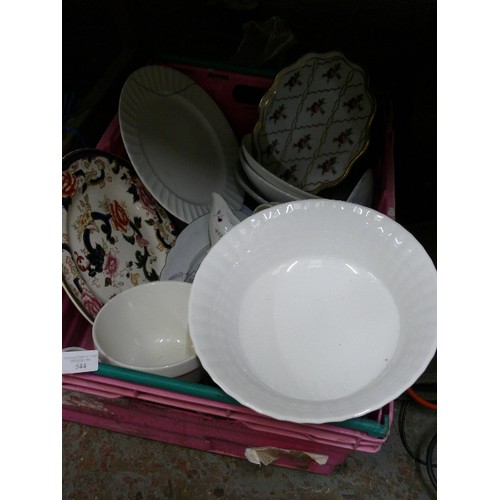 544 - BOX OF CHINA INCLUDING AN ANTIQUE LIMOGES DISH, MASONS PLATE, VINTAGE PUDDING BASIN