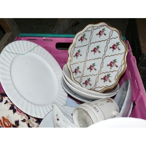 544 - BOX OF CHINA INCLUDING AN ANTIQUE LIMOGES DISH, MASONS PLATE, VINTAGE PUDDING BASIN