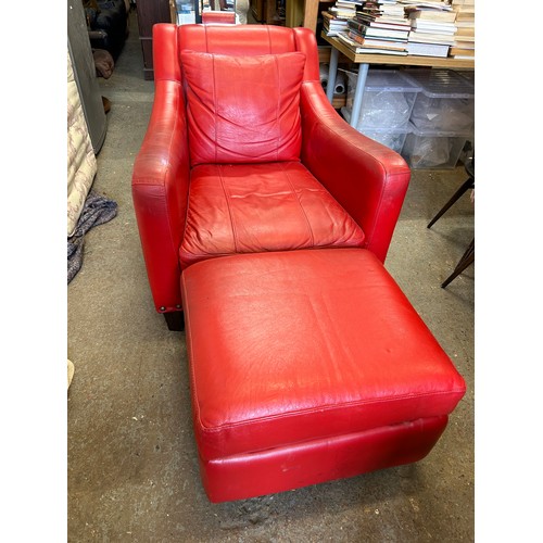 564 - RED LEATHER ARMCHAIR AND MATCHING BOX STOOL