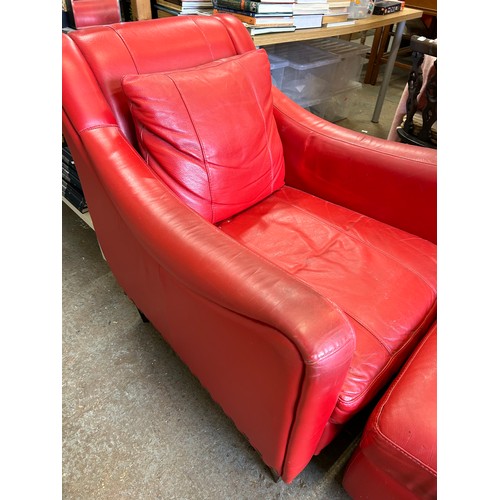 564 - RED LEATHER ARMCHAIR AND MATCHING BOX STOOL