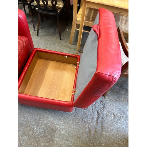 564 - RED LEATHER ARMCHAIR AND MATCHING BOX STOOL