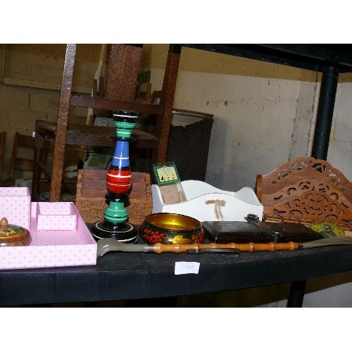 510A - SHELF OF TREEN ETC INC LETTER RACK, CANDLESTICK, TIE PRESS, SHOE HORN/BACK SCRATCHER ETC