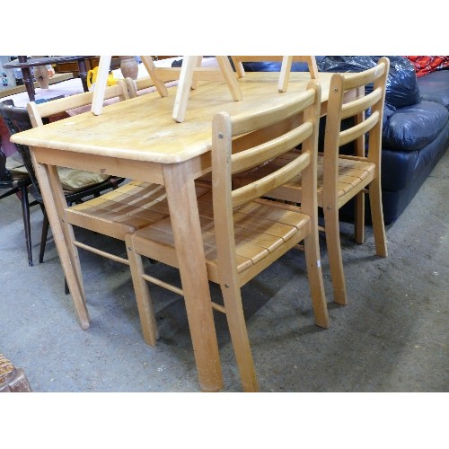 496 - Solid beech (or similar light wood) dining table and 4 matching chairs