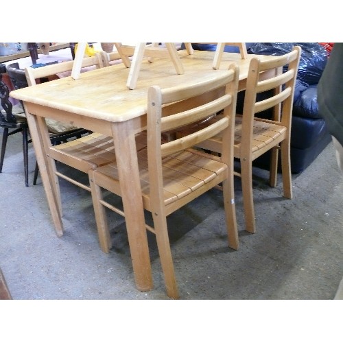 496 - Solid beech (or similar light wood) dining table and 4 matching chairs