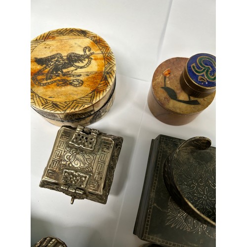 306C - Interesting collection of boxes and metalware to include a Tibetan prayer wheel, Indian papier mache... 