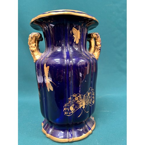 198A - A large English Ironstone vase in cobalt blue with hand gilding design of flowers - probably early M... 