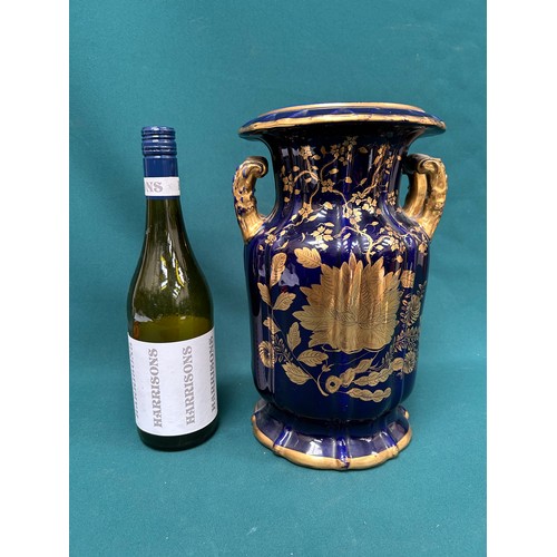 198A - A large English Ironstone vase in cobalt blue with hand gilding design of flowers - probably early M... 