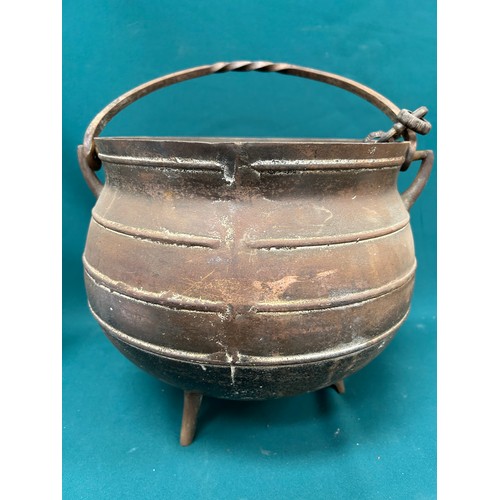 272 - Heavy Antique Cast Iron Cauldron cooking pot on 3 legs, with twisted wrought iron handle and hanging... 