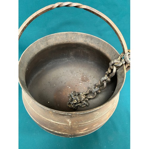 272 - Heavy Antique Cast Iron Cauldron cooking pot on 3 legs, with twisted wrought iron handle and hanging... 