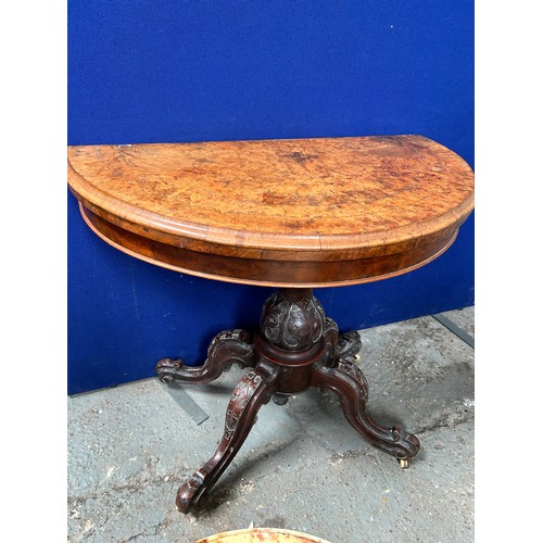 450 - Victorian circular fold over card table, the top in burr walnut with floral marquetry inlay, the bas... 